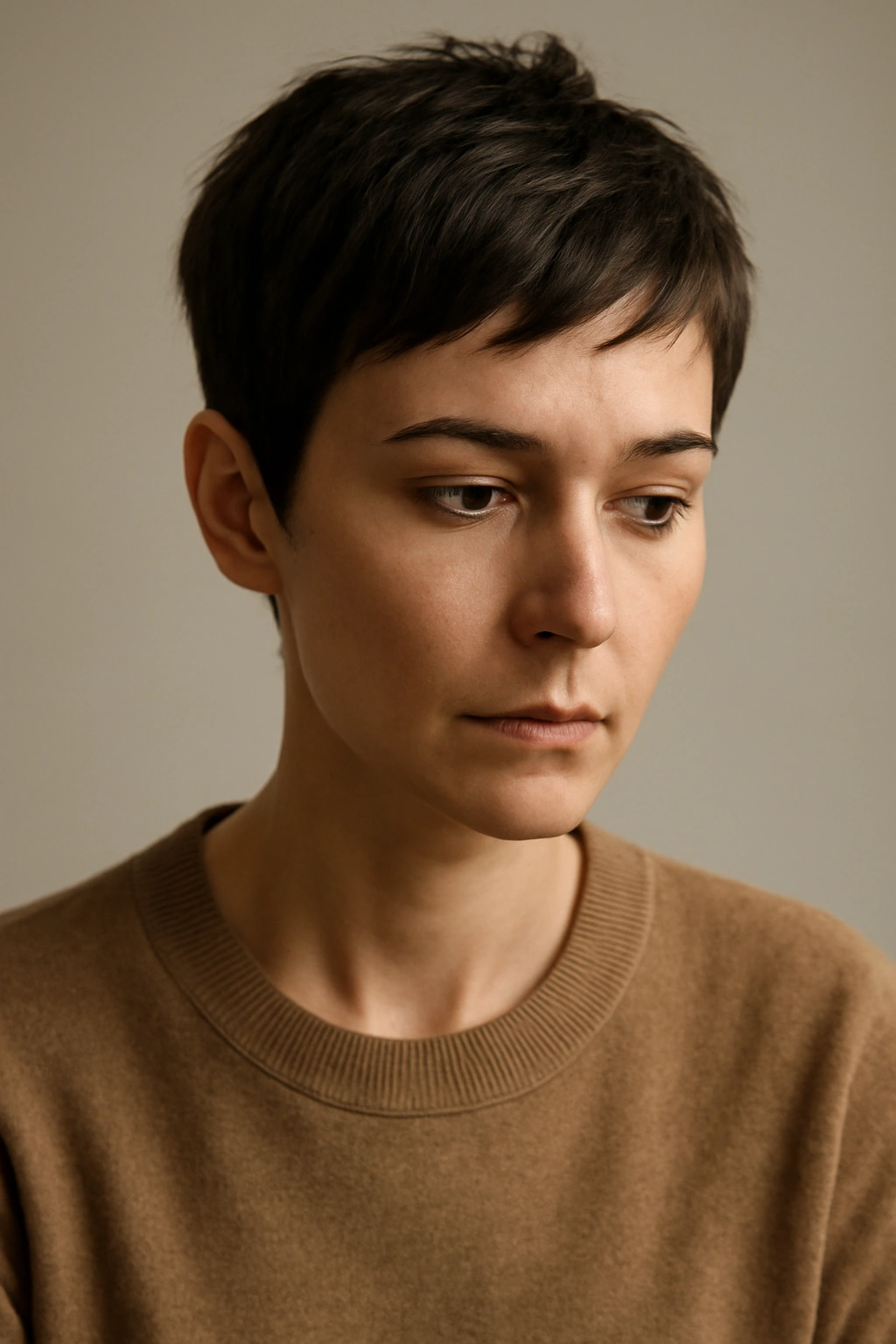 Thoughtful head-and-shoulders portrait symbolizing empowerment in choosing a pixie