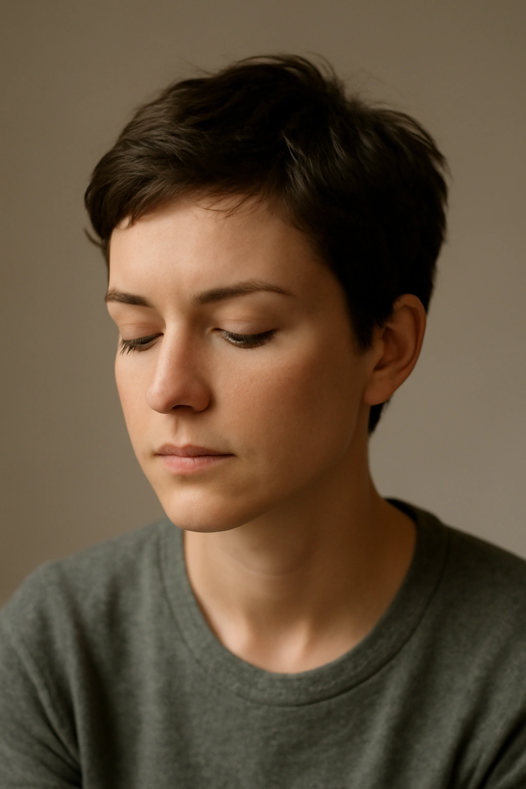 10 Graduation Day Hairstyles for Short-Haired Women 11 Contemplative portrait of a person with short hair in a neutral studio