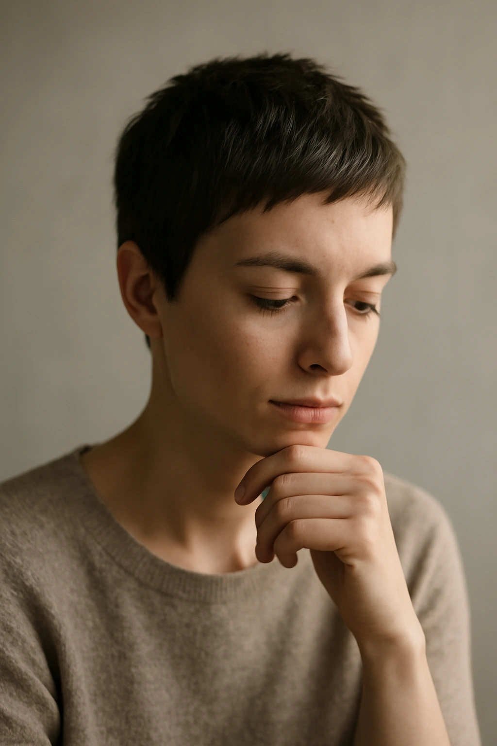 20 Pixie Styles Ranging From Classic To Edgy 21 Contemplative portrait of a person with short pixie hair in soft lighting.