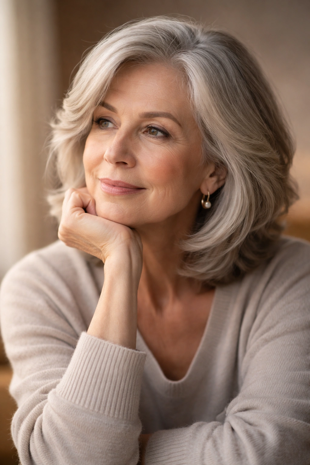 15 Gorgeous Hairstyles For Women Over 65 16 Contemplative portrait of a mature person in a calm studio setting.