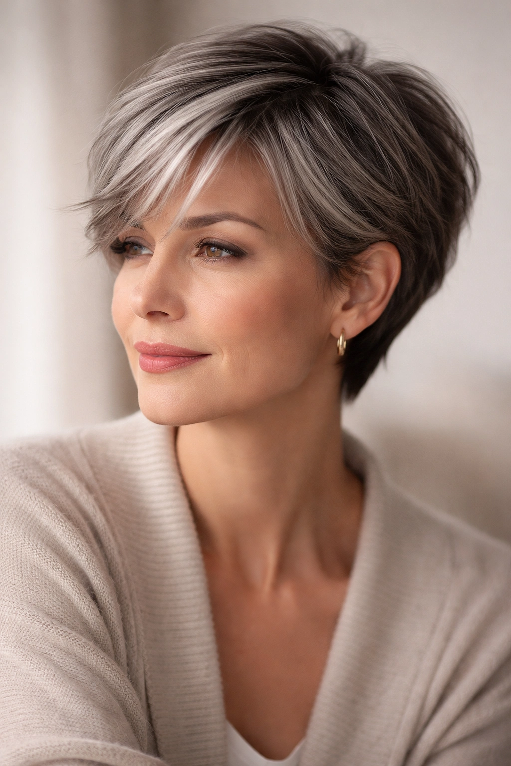 10 Short Haircuts Accented With Soft Gray Highlights 16 Portrait of a person with thoughtful expression and gray-highlighted short hair