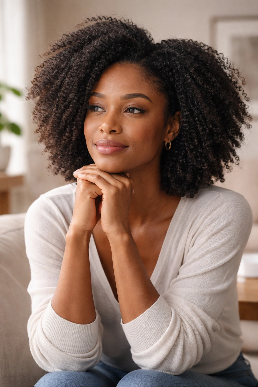 Close-up portrait of a contemplative Black woman with natural hair under warm lighting