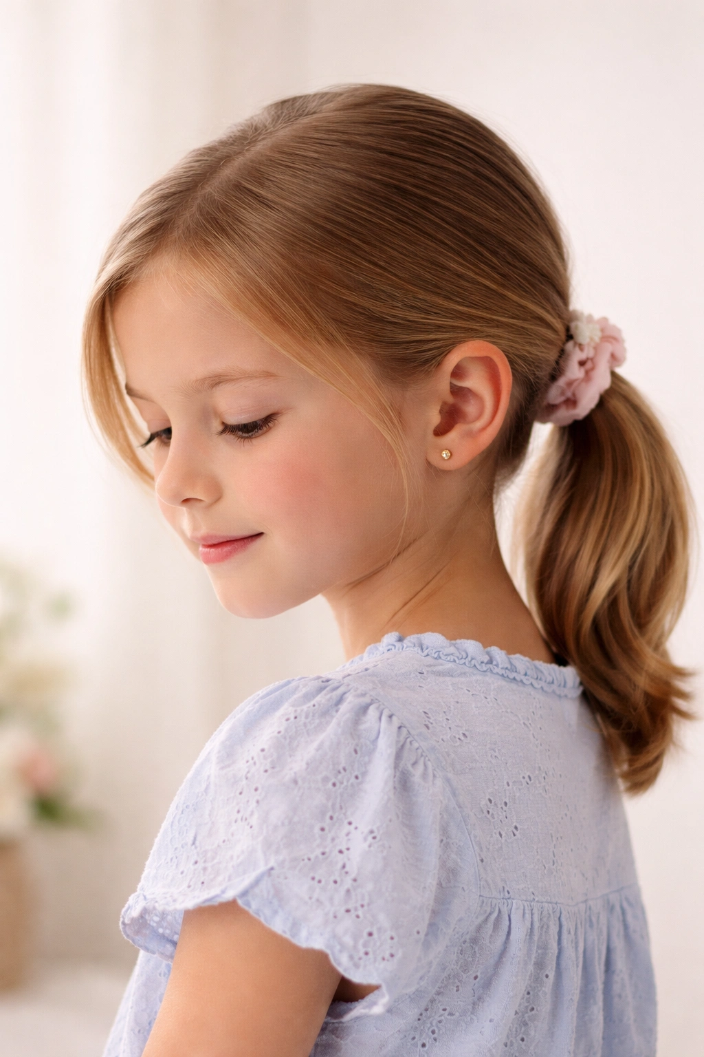 Calm portrait of a child with a neat low ponytail in soft studio lighting