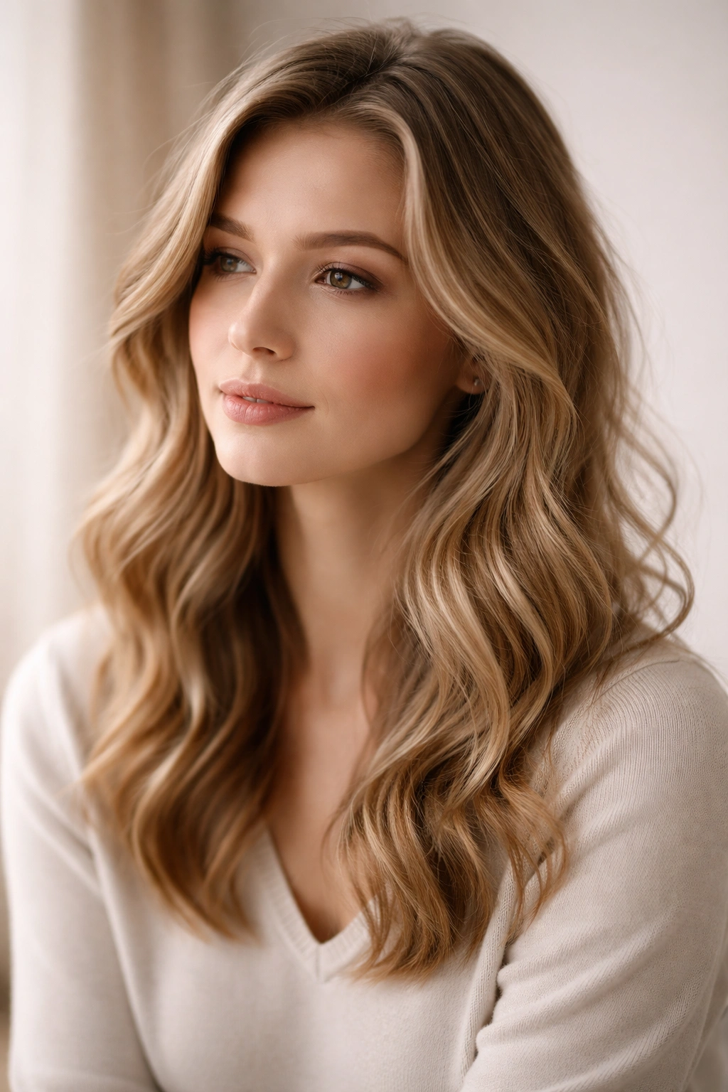 Close-up portrait of a contemplative person with soft loose waves framing the face in a neutral studio background