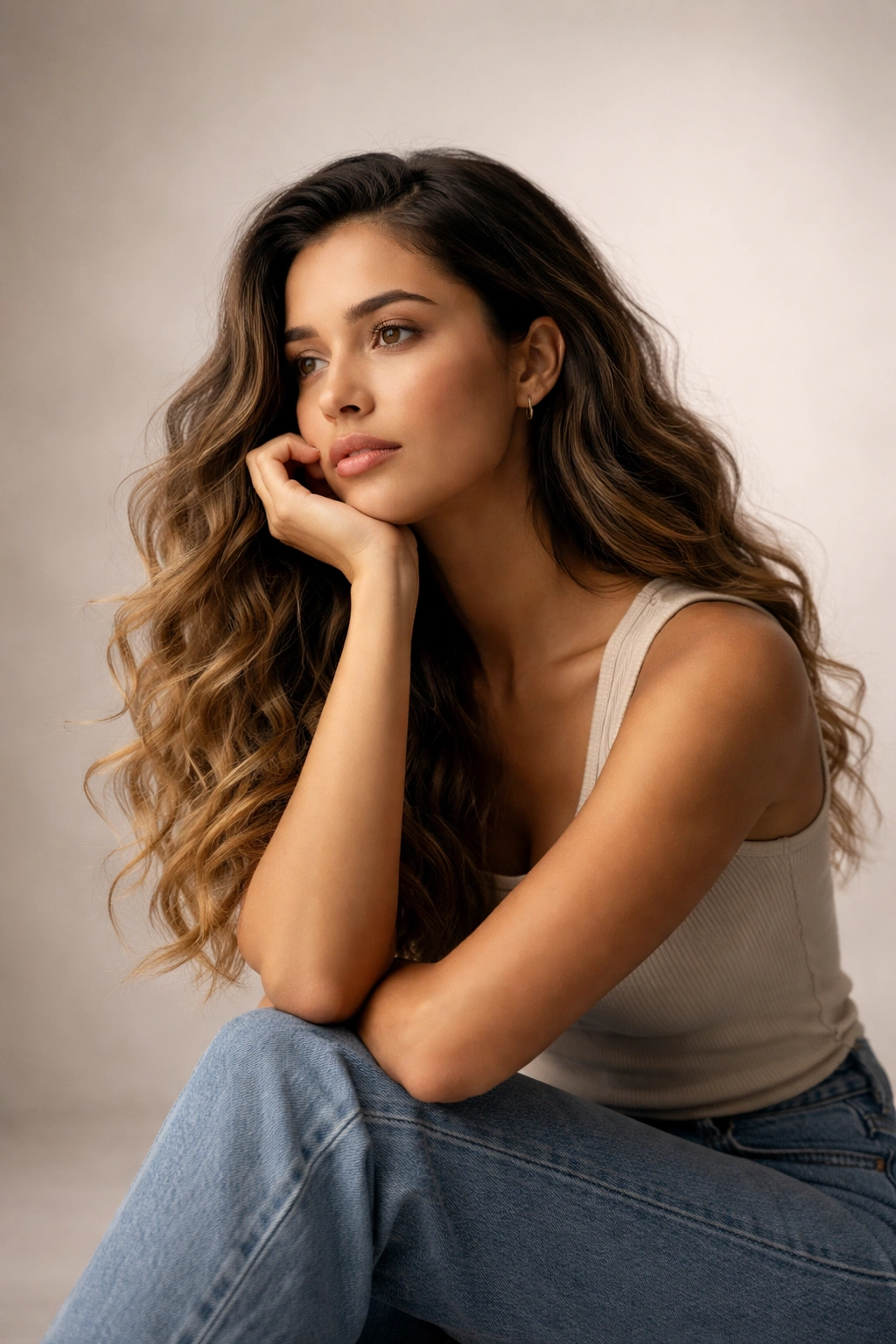 Solitary portrait with subtle hair texture highlighting genetics, in a minimal studio