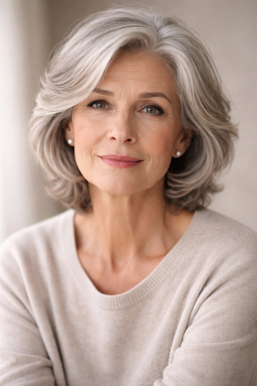 Contemplative portrait of a mature woman with gray hair and calm expression