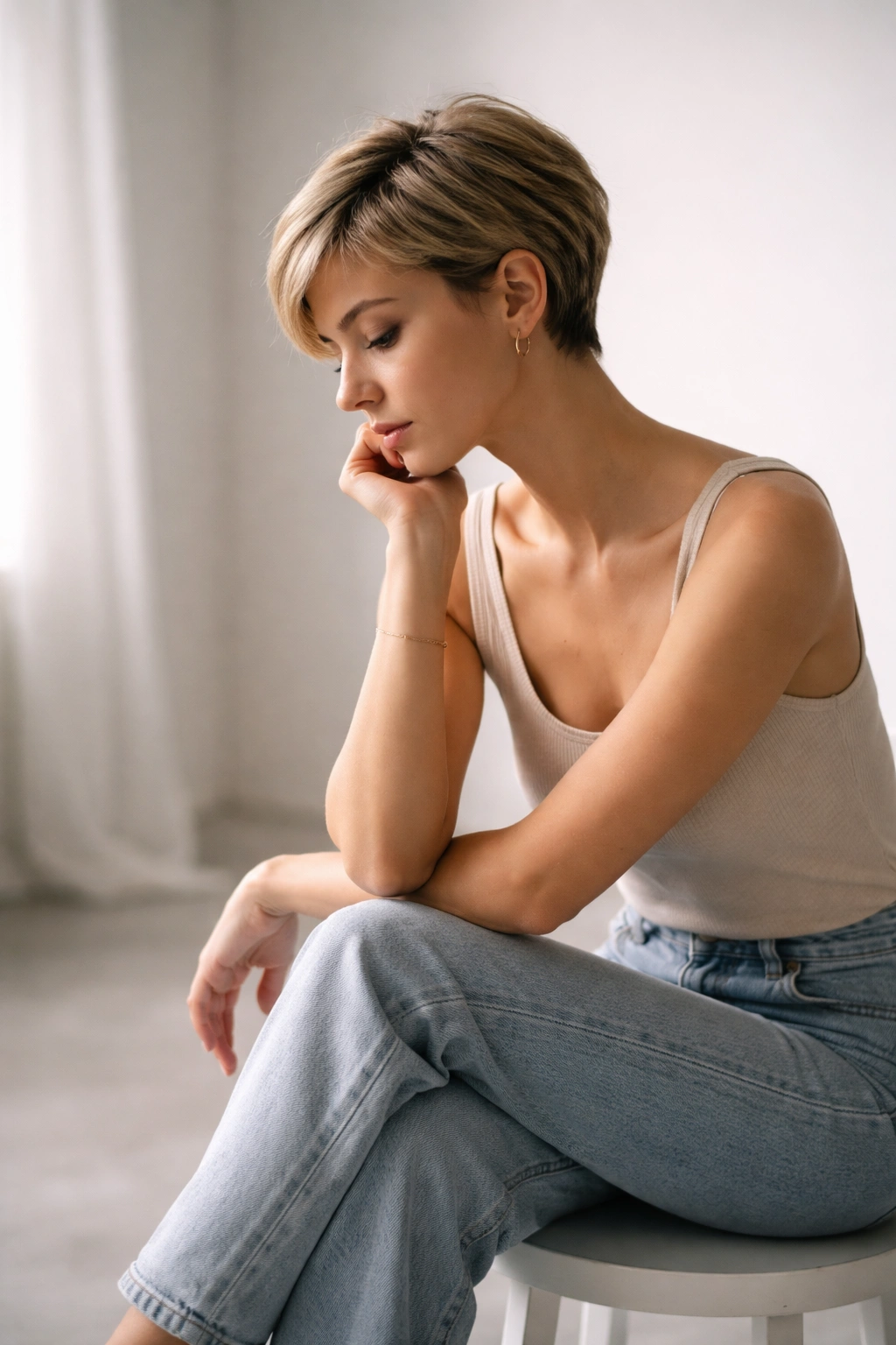 Solitary figure in a minimalist studio in a thoughtful pose, highlighting short hairstyle themes