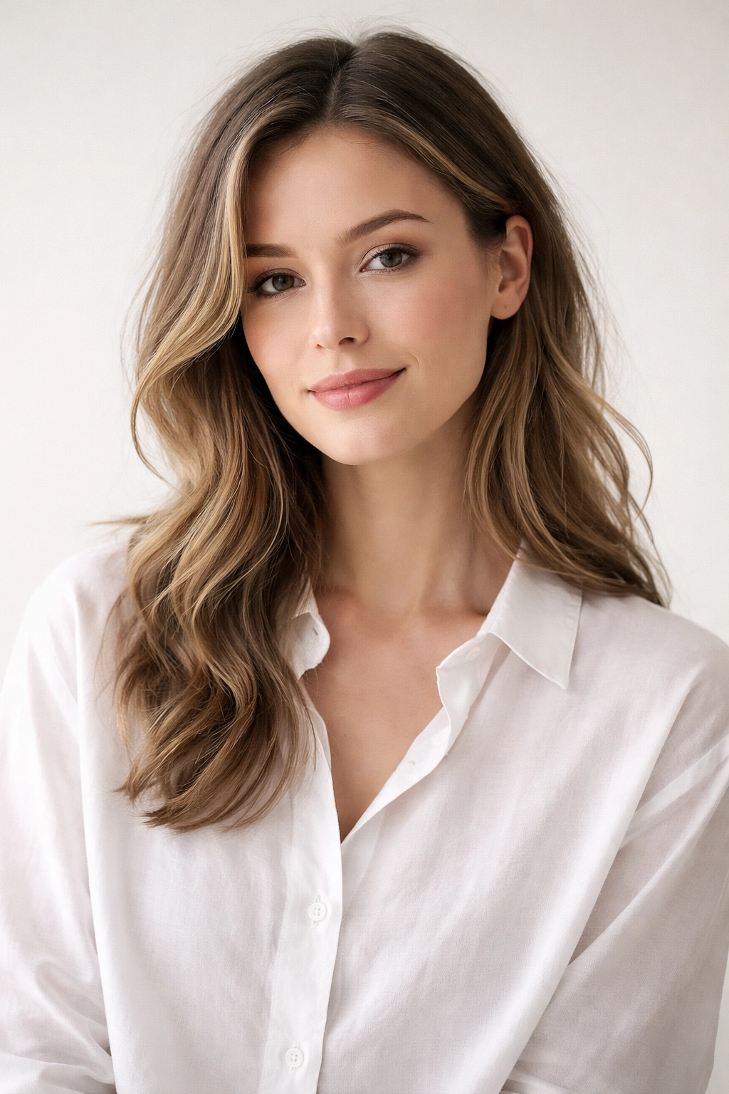 Minimalist portrait showing calm, balanced hair styling