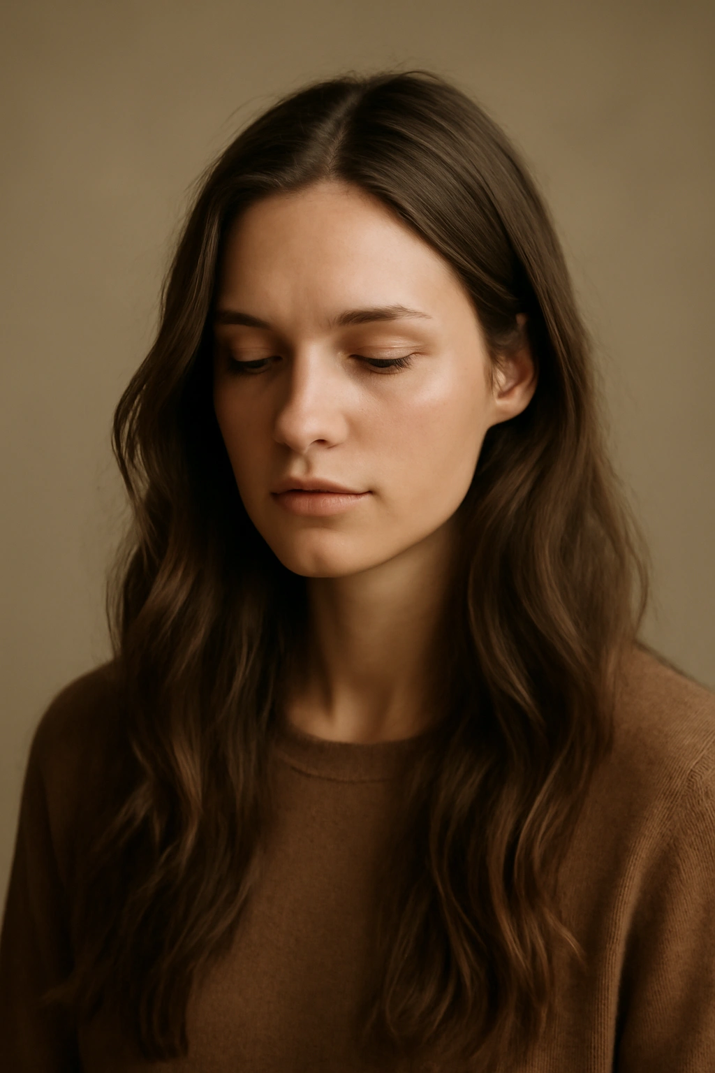 25 Effortless Long Hair Hairstyles Every Woman Needs 26 Calm portrait of a woman with long hair in soft lighting and neutral backdrop