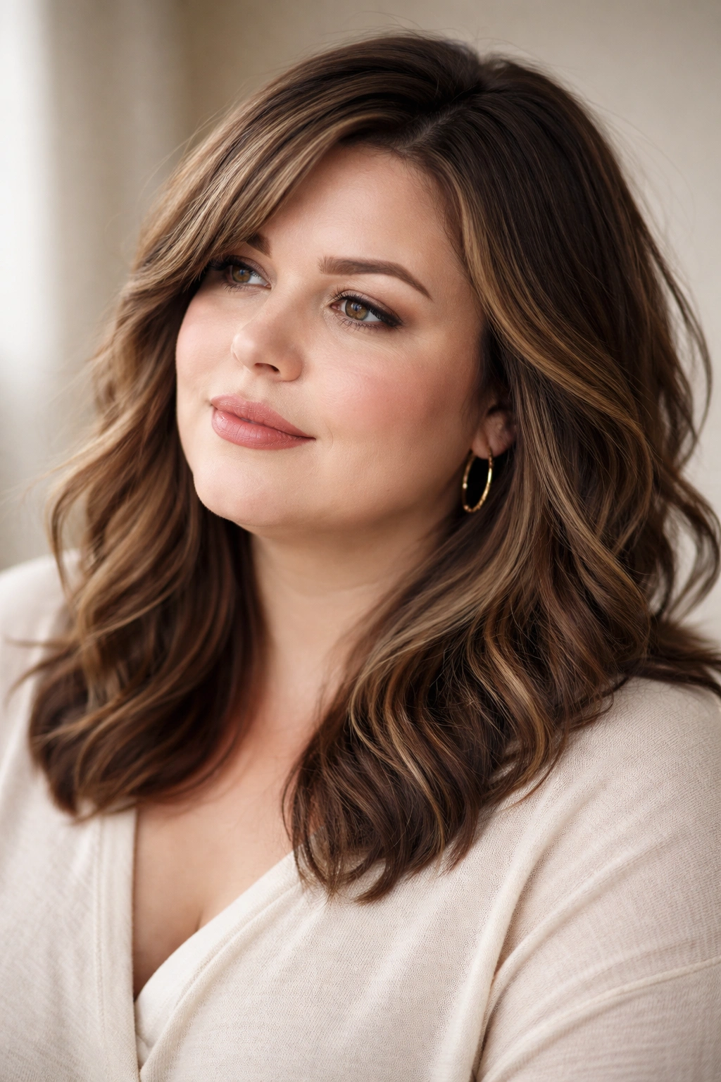 15 Slimming Haircuts That Flatter Fuller Faces 16 Thoughtful portrait of a person with a fuller face and flattering hairstyle.