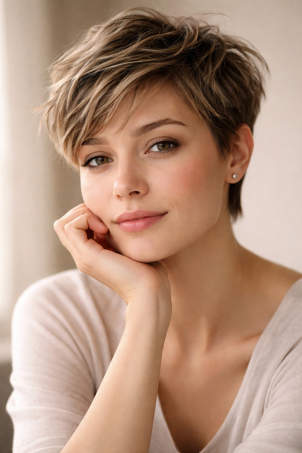12 Short Haircuts That Work Around Cowlicks 13 Close-up portrait of a person with a short textured haircut, reflective mood and soft studio lighting