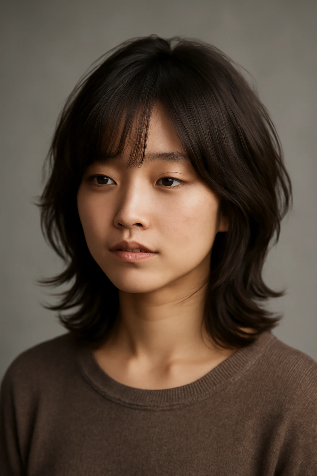 12 Japanese Hairstyles That Are Trending Right Now 13 Portrait of a person with a layered Japanese-inspired hairstyle, showcasing movement and texture in a minimalist studio.
