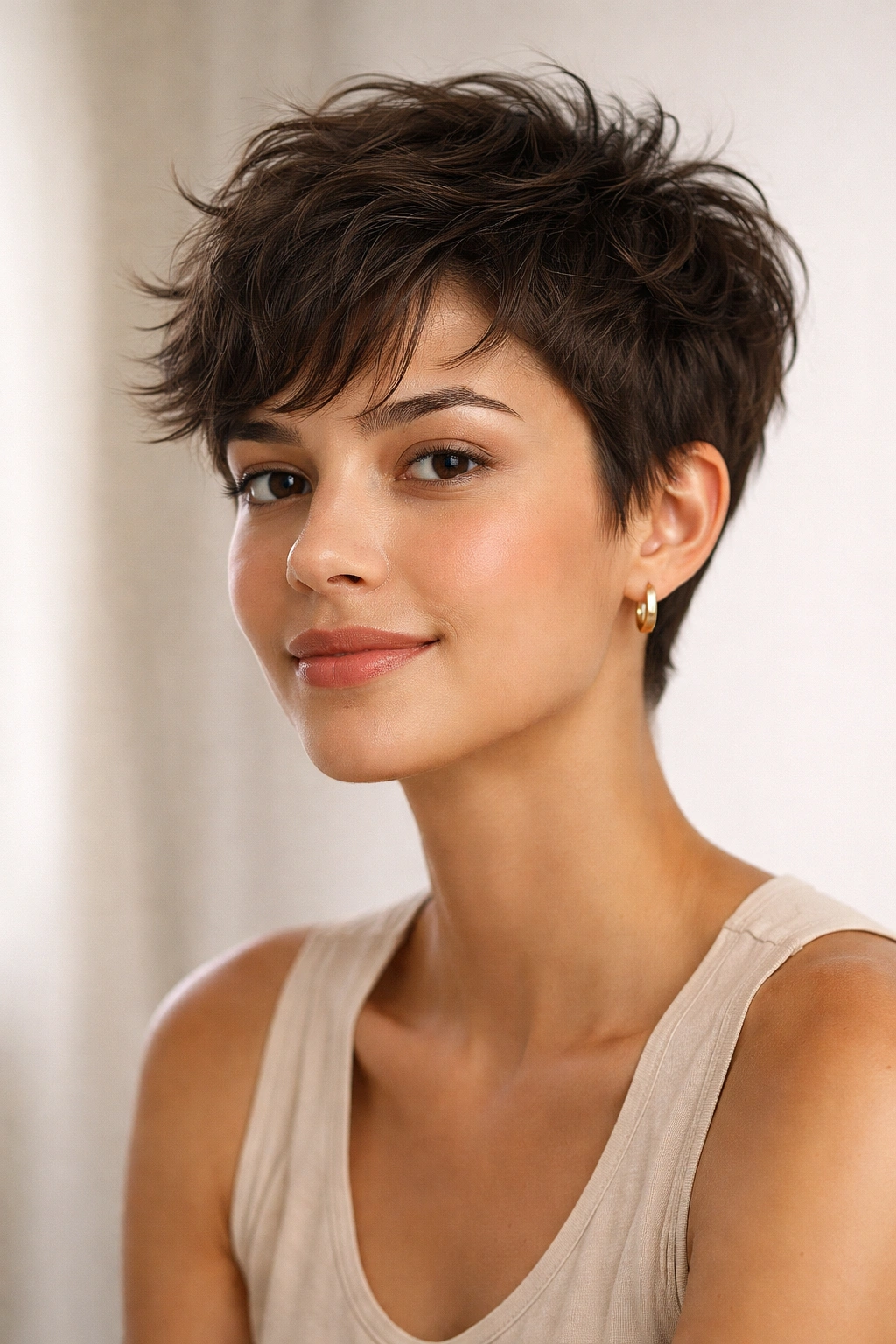 Close-up portrait of a person with short, natural-textured air-dried hair against a neutral backdrop
