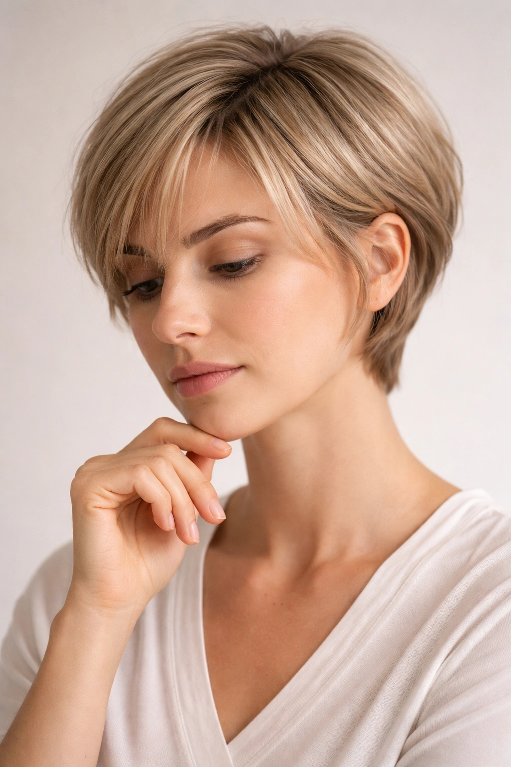 Portrait of a thoughtful person with a calm expression in a neutral setting.