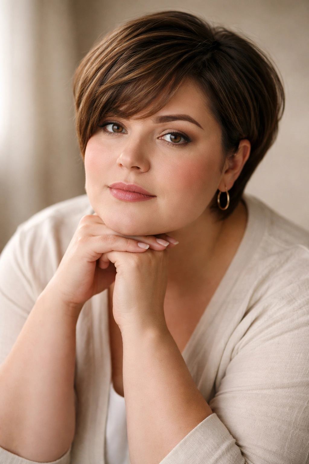12 Short Haircuts For Plus Size Women With Round Faces 13 Contemplative portrait of a plus-size woman with a round face in a studio, reflecting final thoughts on haircuts