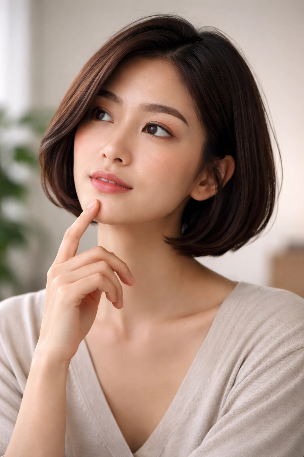 Thoughtful person in a neutral studio setting reflecting on hairstyle choices.