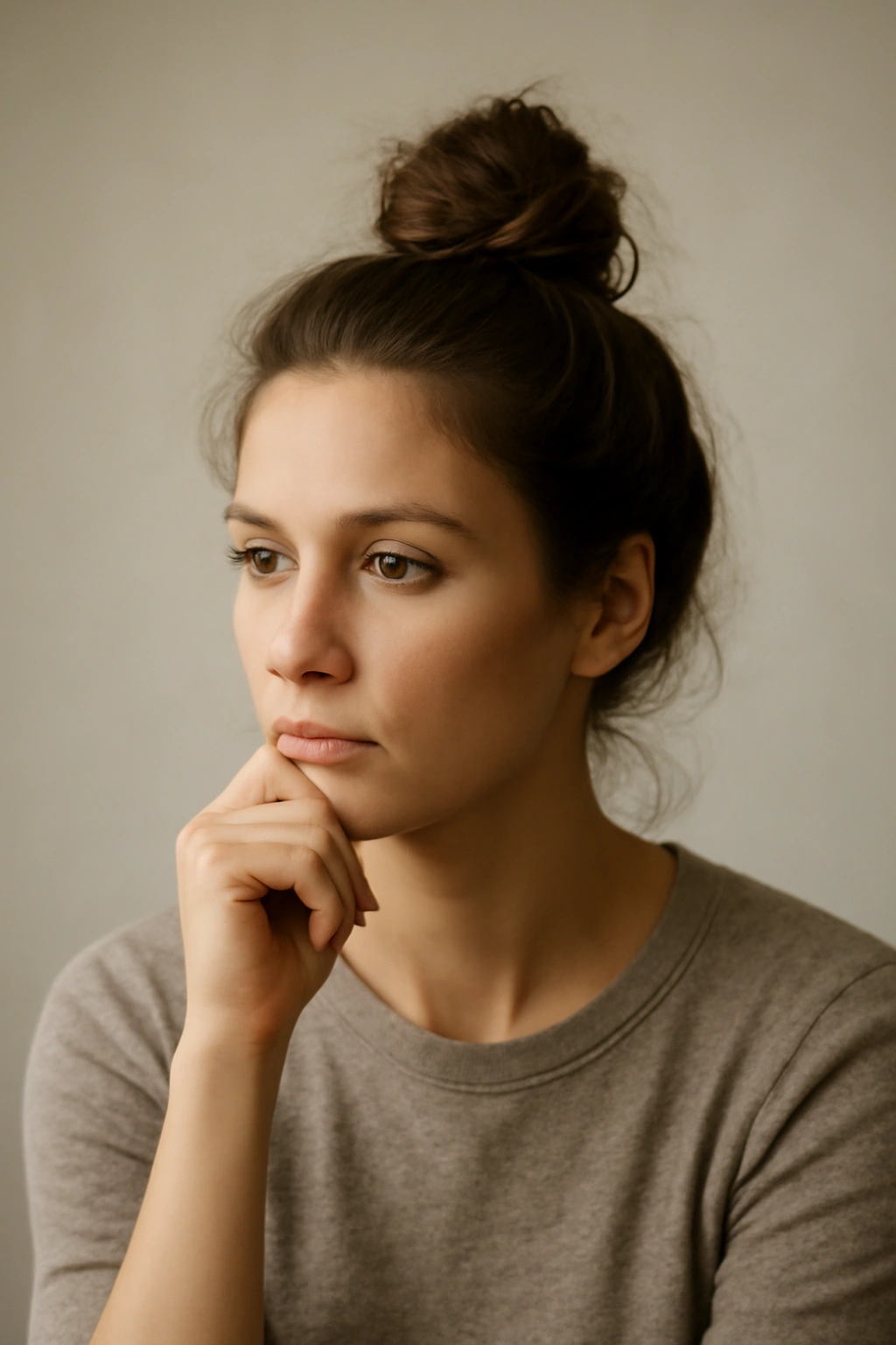 5 Easy Messy Top Knot Styles for Any Hair Length 6 Contemplative portrait reflecting on hairstyle options
