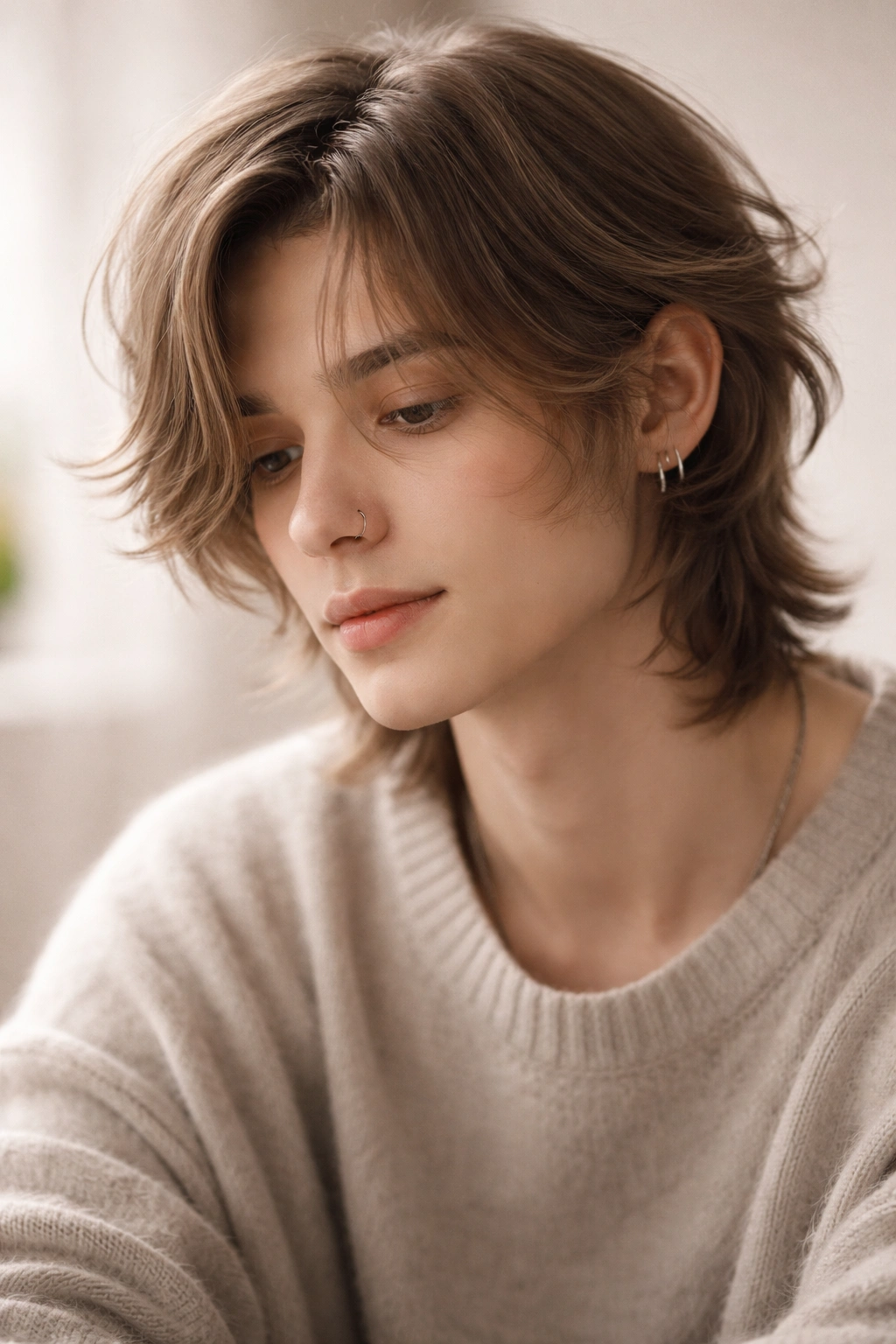 Contemplative portrait highlighting soft, modern hairstyle