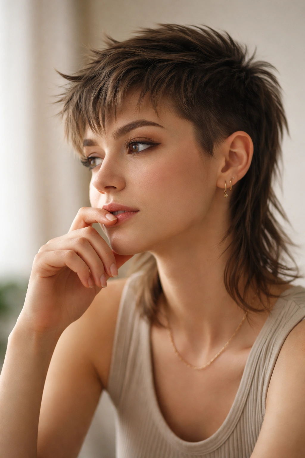 Thoughtful portrait of a person considering hairstyle options.