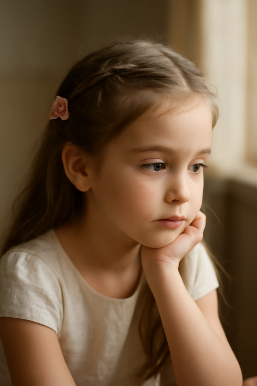 12 Sweet Easter Hairstyles Your Little Girl Needs 13 Close-up portrait of a thoughtful girl with a simple Easter hairstyle in warm natural light
