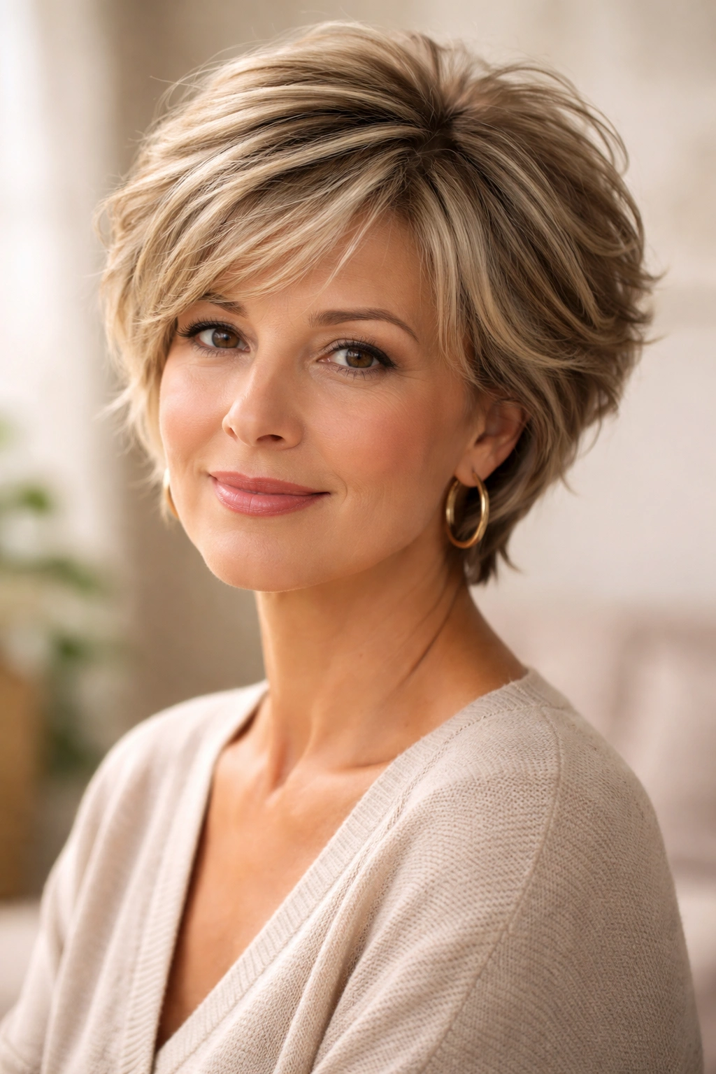 18 Short Hairstyles For Round Faces Over 40 19 Mature woman with round face over 40 wearing a feathered layered short hairstyle in warm studio light