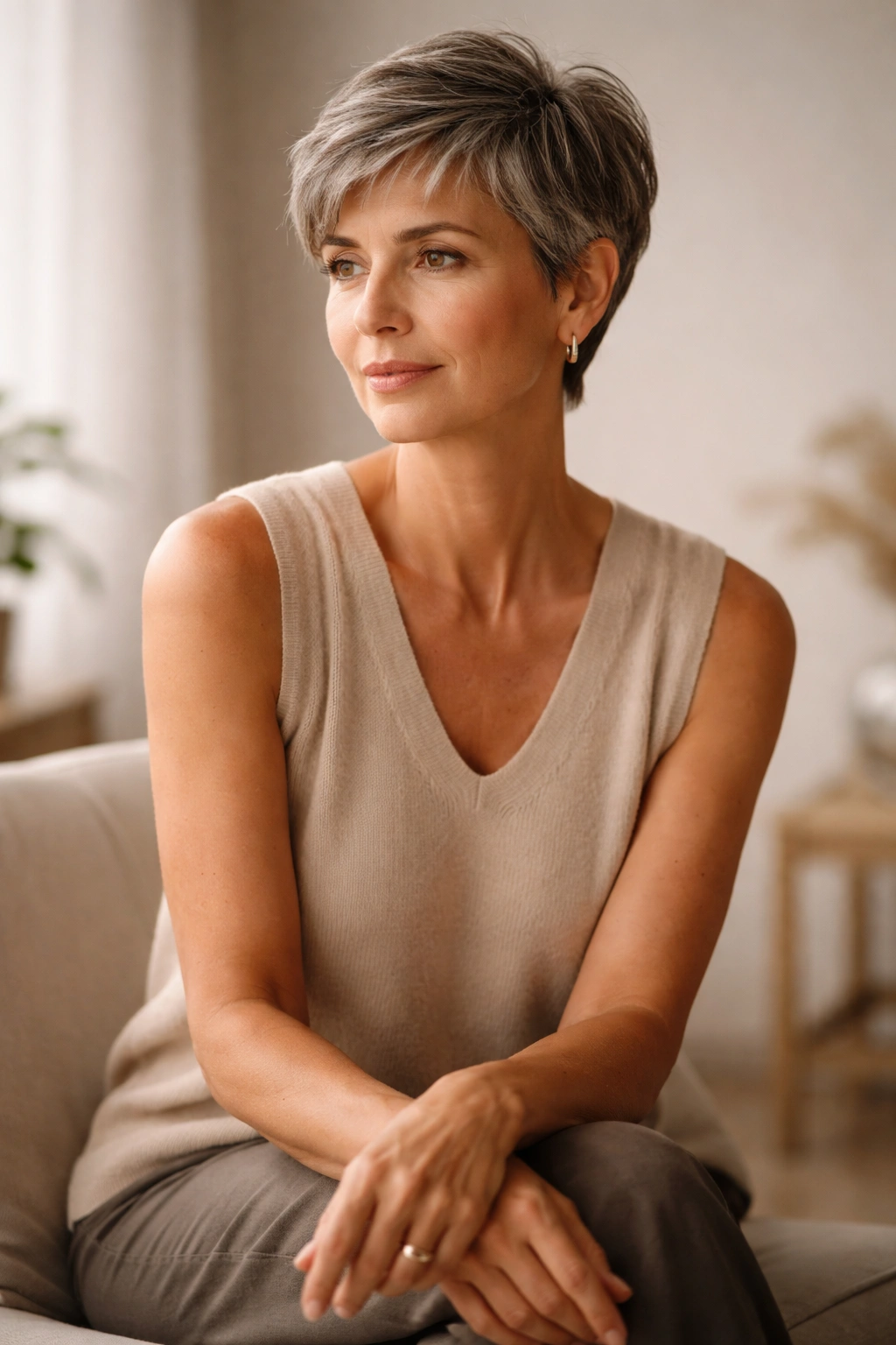 12 Pixie Cuts That Look Stunning In Your 40s 13 Mature woman in a thoughtful pose in a neutral studio setting with soft lighting