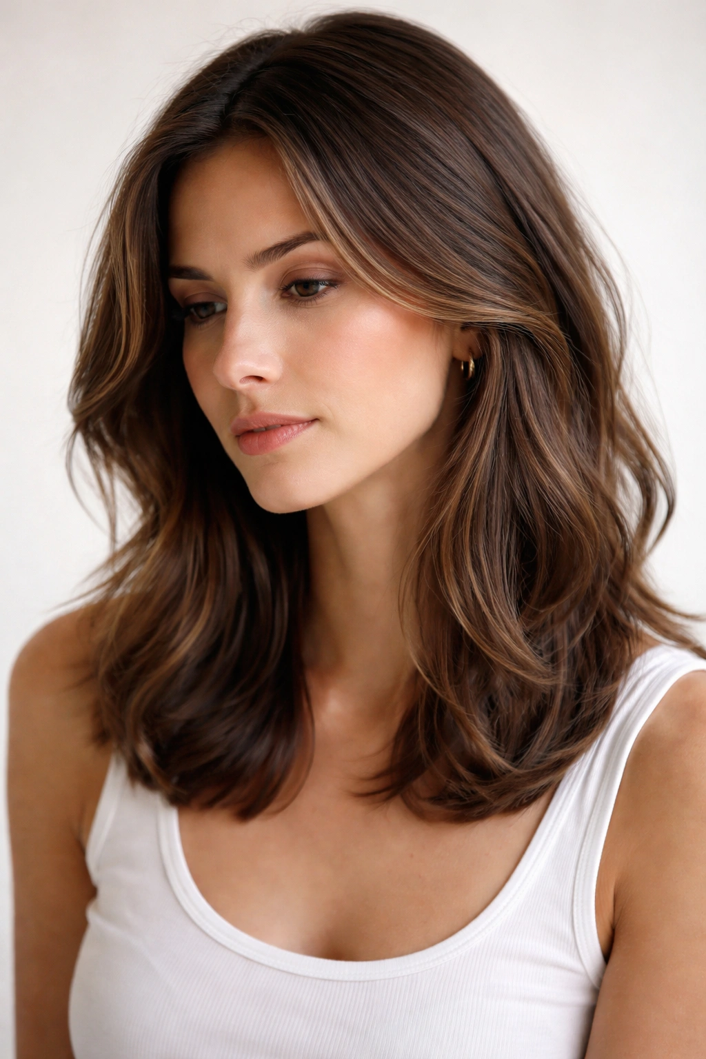 Contemplative portrait of a person with medium-length hair in a minimal studio setting