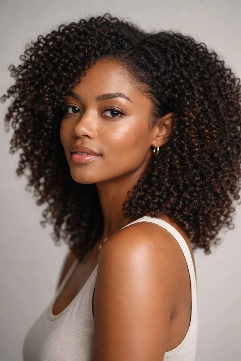 Portrait of a person with natural curly hair in a neutral studio setting, highlighting textured curls