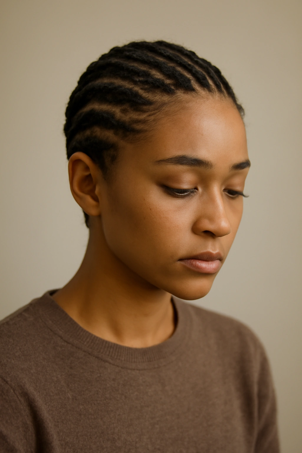 Contemplative person with short braided hairstyle in a clean studio setting