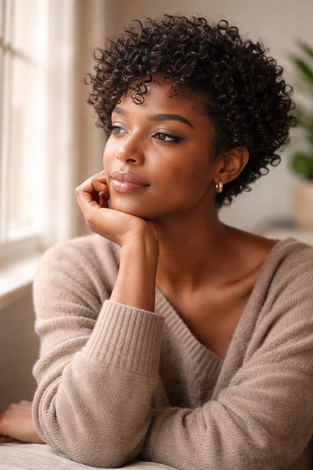 Portrait of a Black woman with short curly natural hair in a thoughtful pose, symbolizing final thoughts on hairstyles