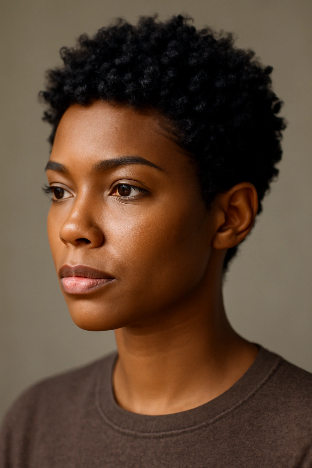 12 Short Curly Haircuts for Black Women to Copy Now 13 Close-up portrait of a Black woman with a short, defined curly haircut under soft studio lighting