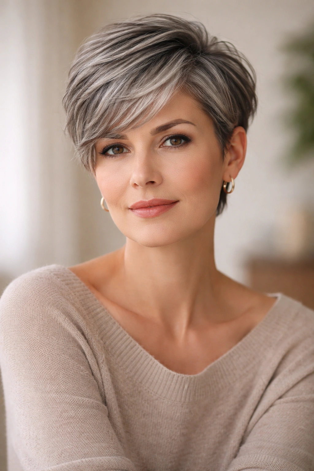 Contemplative portrait reflecting on short hair with gray highlights