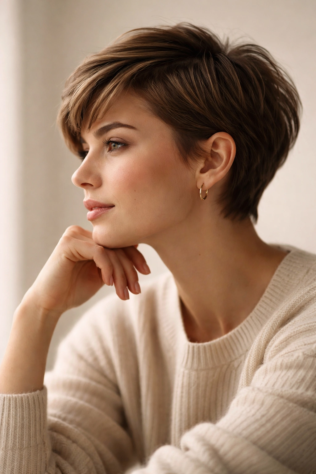 Profile portrait of a person with a short hairstyle in a thoughtful pose