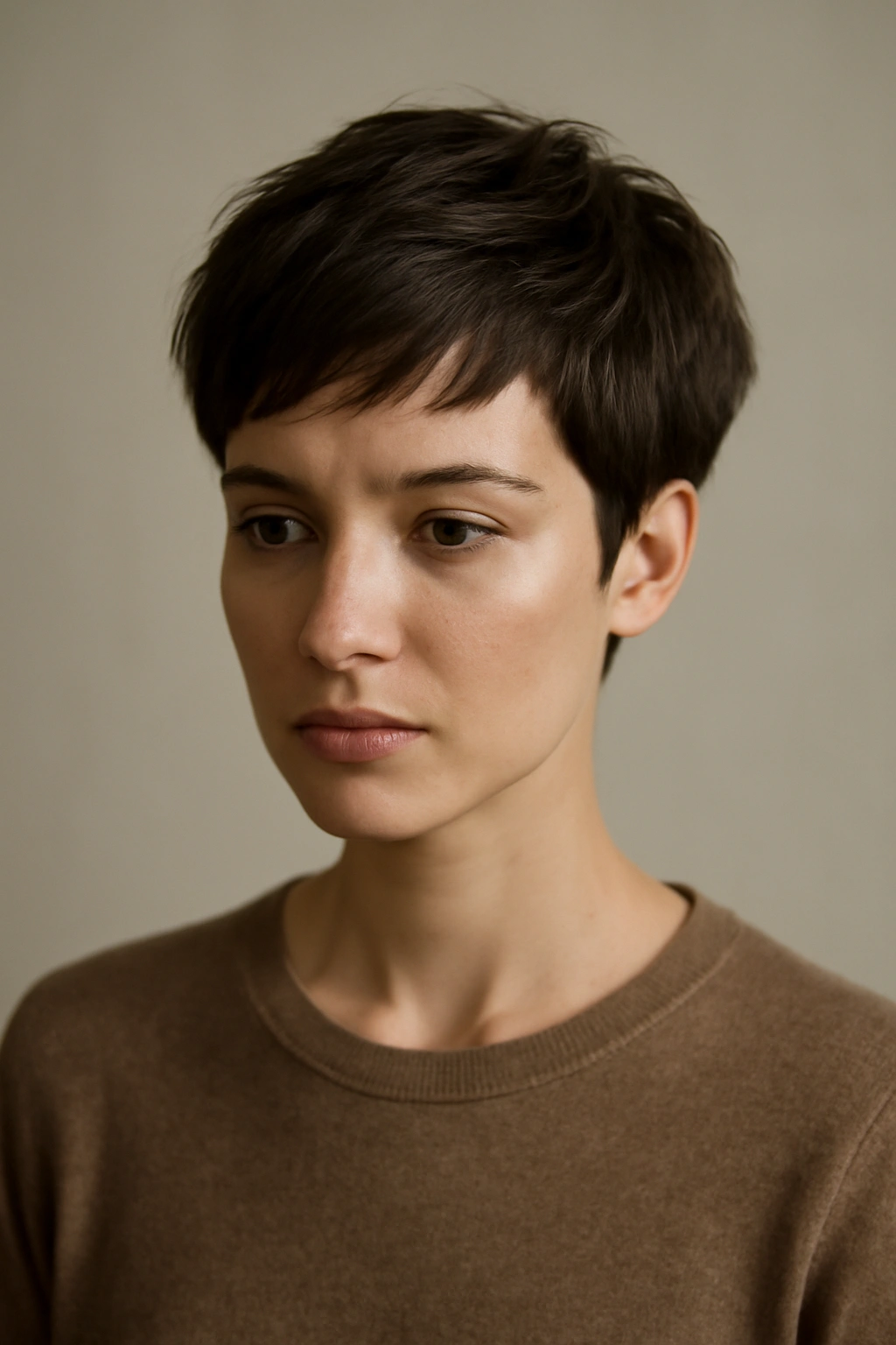 Thoughtful portrait of a woman with a chic short haircut in a minimal studio setting