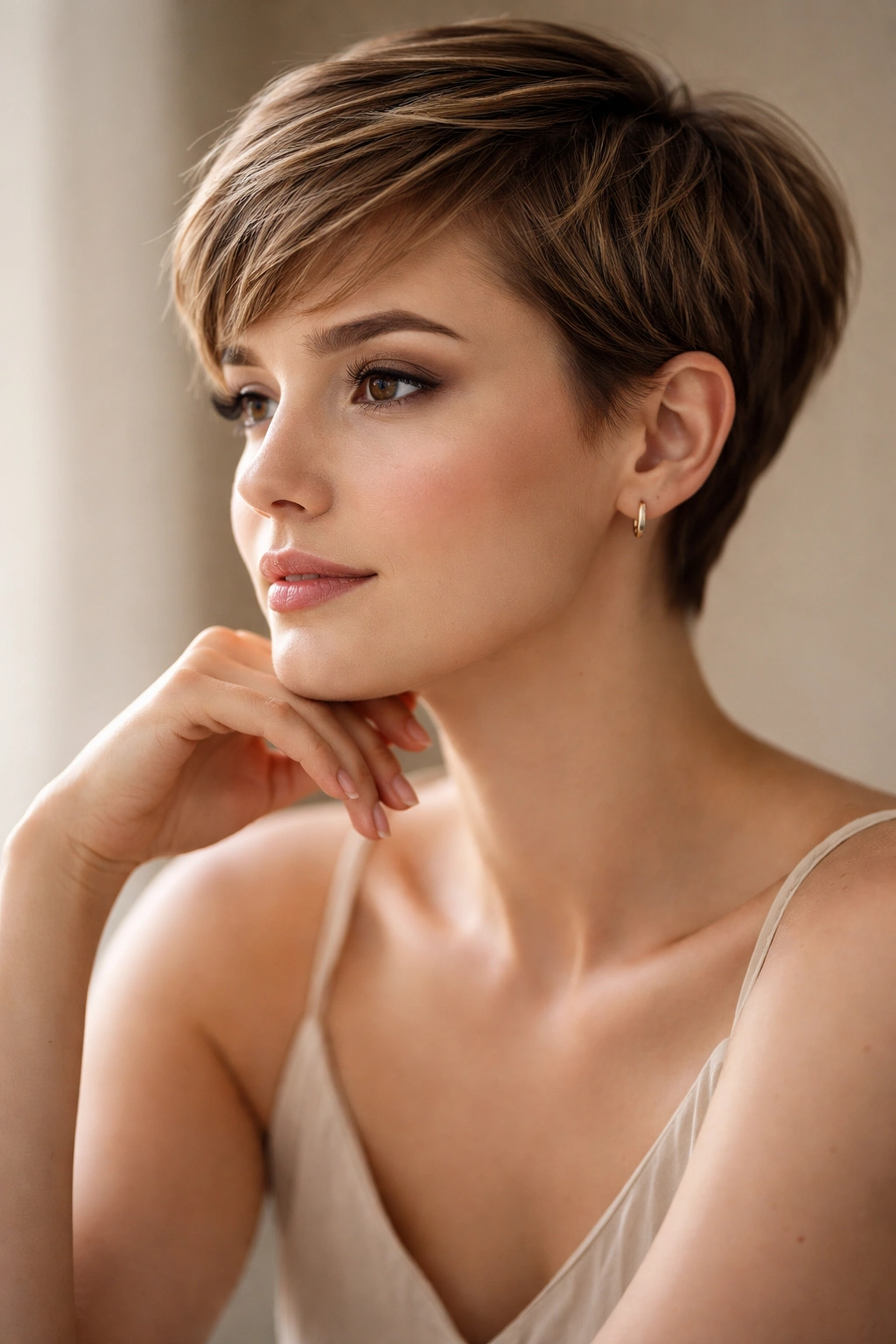 20 Very Short Haircuts That Still Look Feminine 21 Portrait of a thoughtful person with a feminine short haircut.