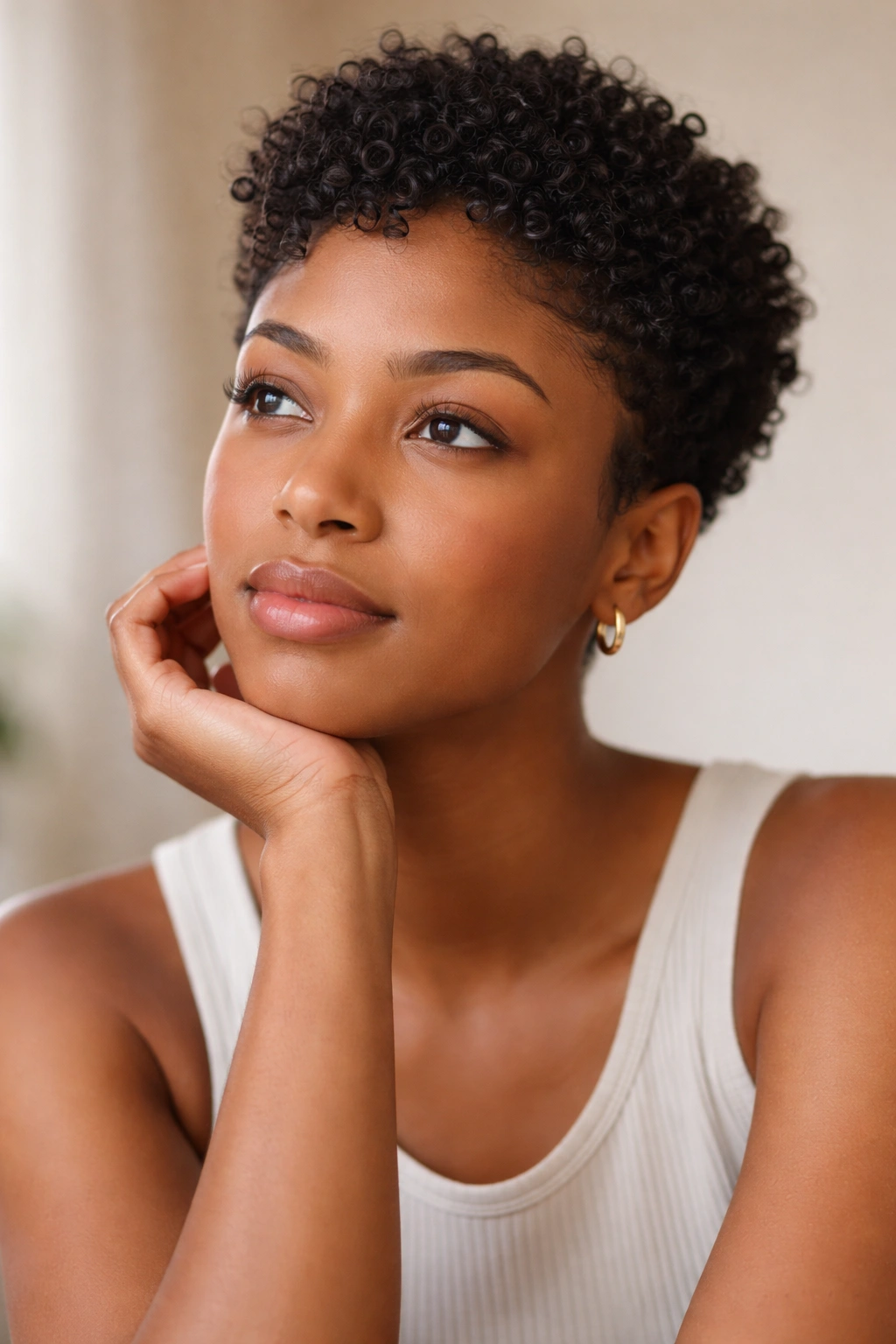 20 Short Natural Hairstyles You Ll Want To Try 21 Thoughtful portrait of a person with short natural curls in a calm, reflective pose
