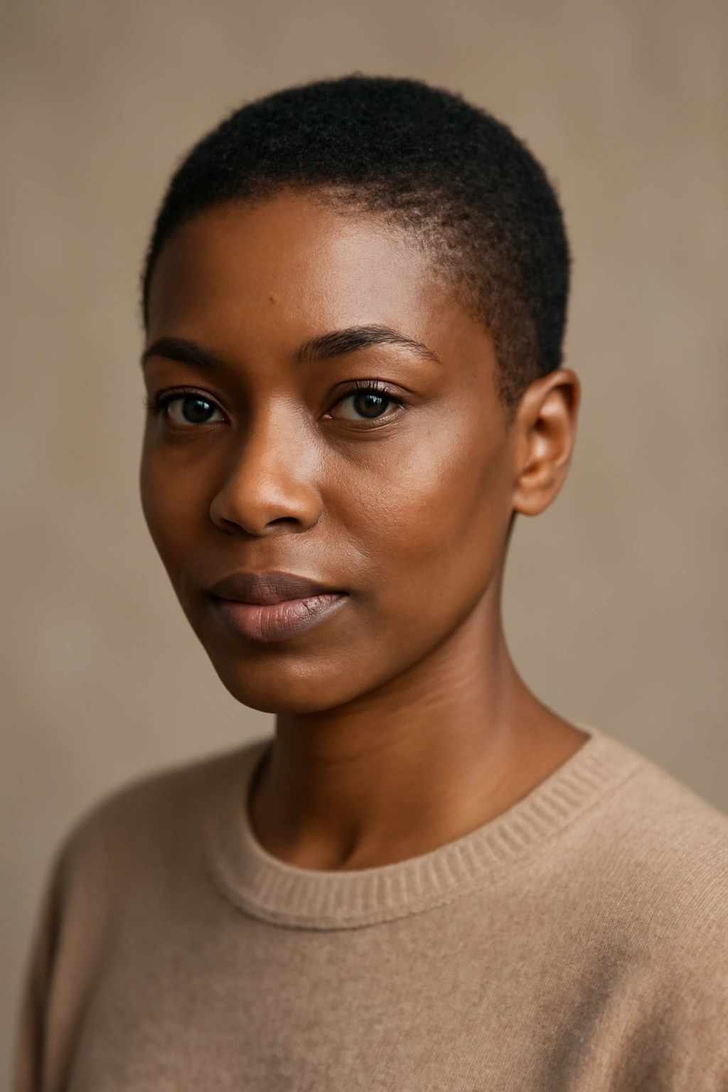 30 Short Haircuts for Black Women 31 Close-up portrait of a Black woman with a chic short haircut in studio lighting