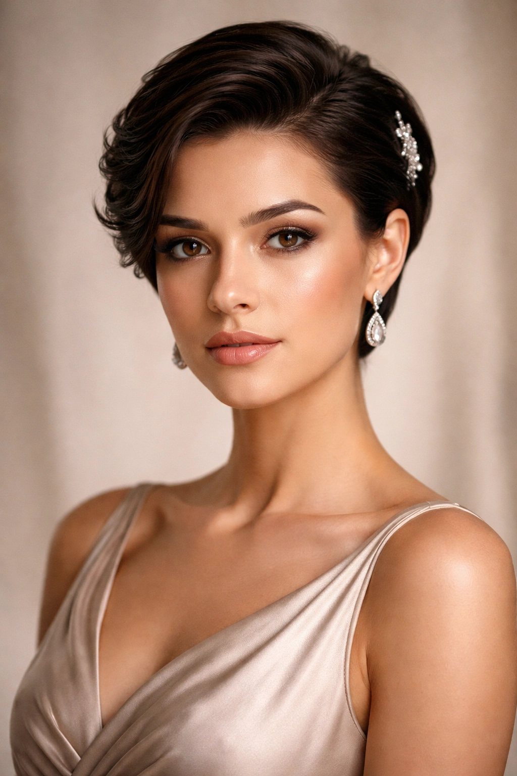 Confident person with short glossy hair in formal portrait.