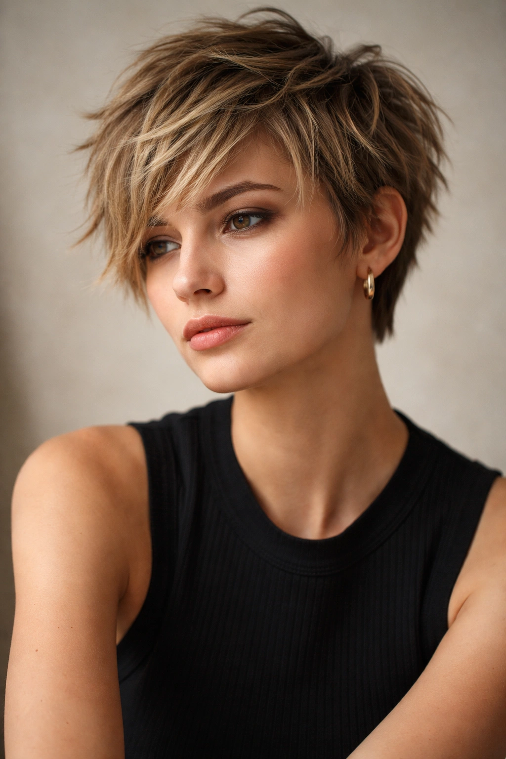 Contemplative portrait of a person with a textured short haircut