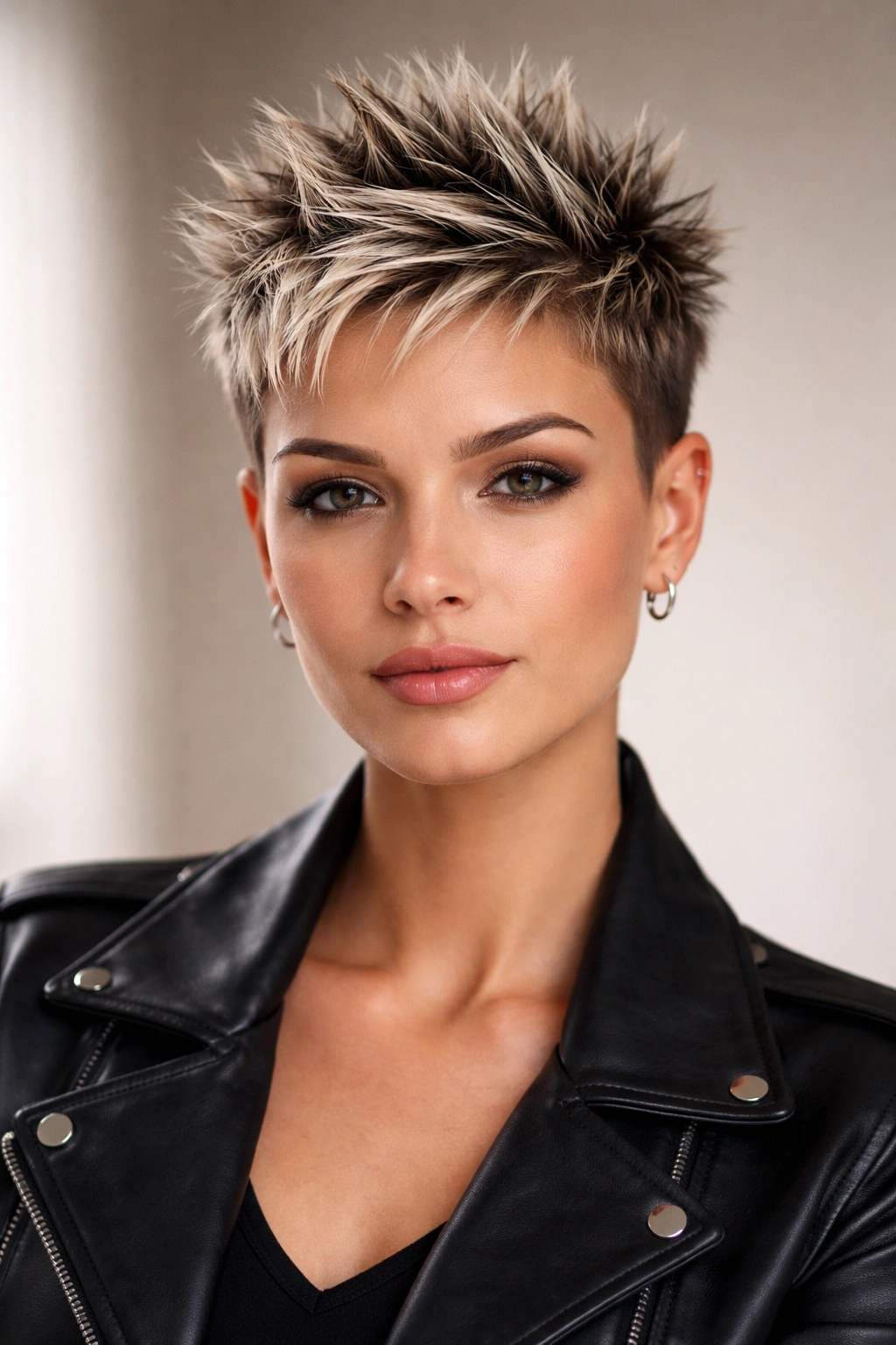 Minimalist portrait showing a short spiked hairstyle