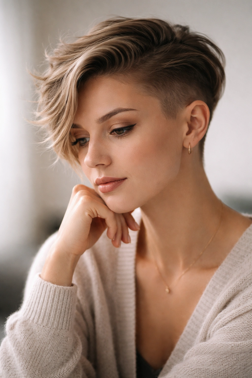 Contemplative portrait of a person with an undercut in a simple studio setup