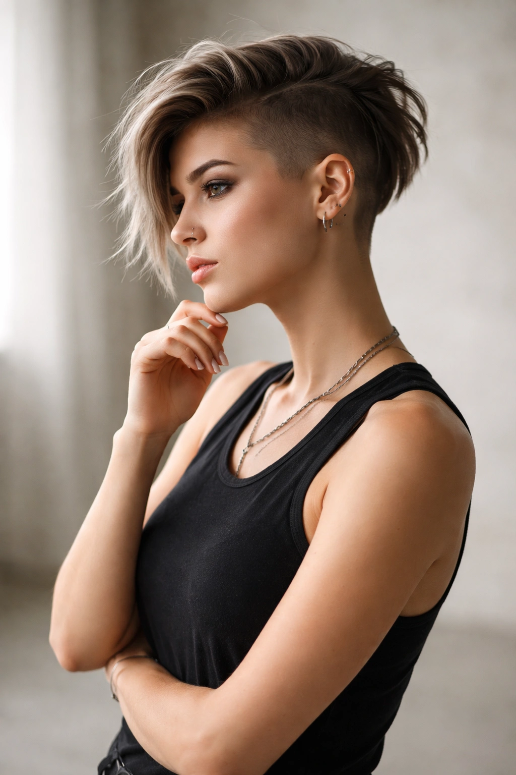 12 Undercut Hairstyles For Women Who Crave Edge 13 Contemplative person with a bold undercut hairstyle in a minimalist studio