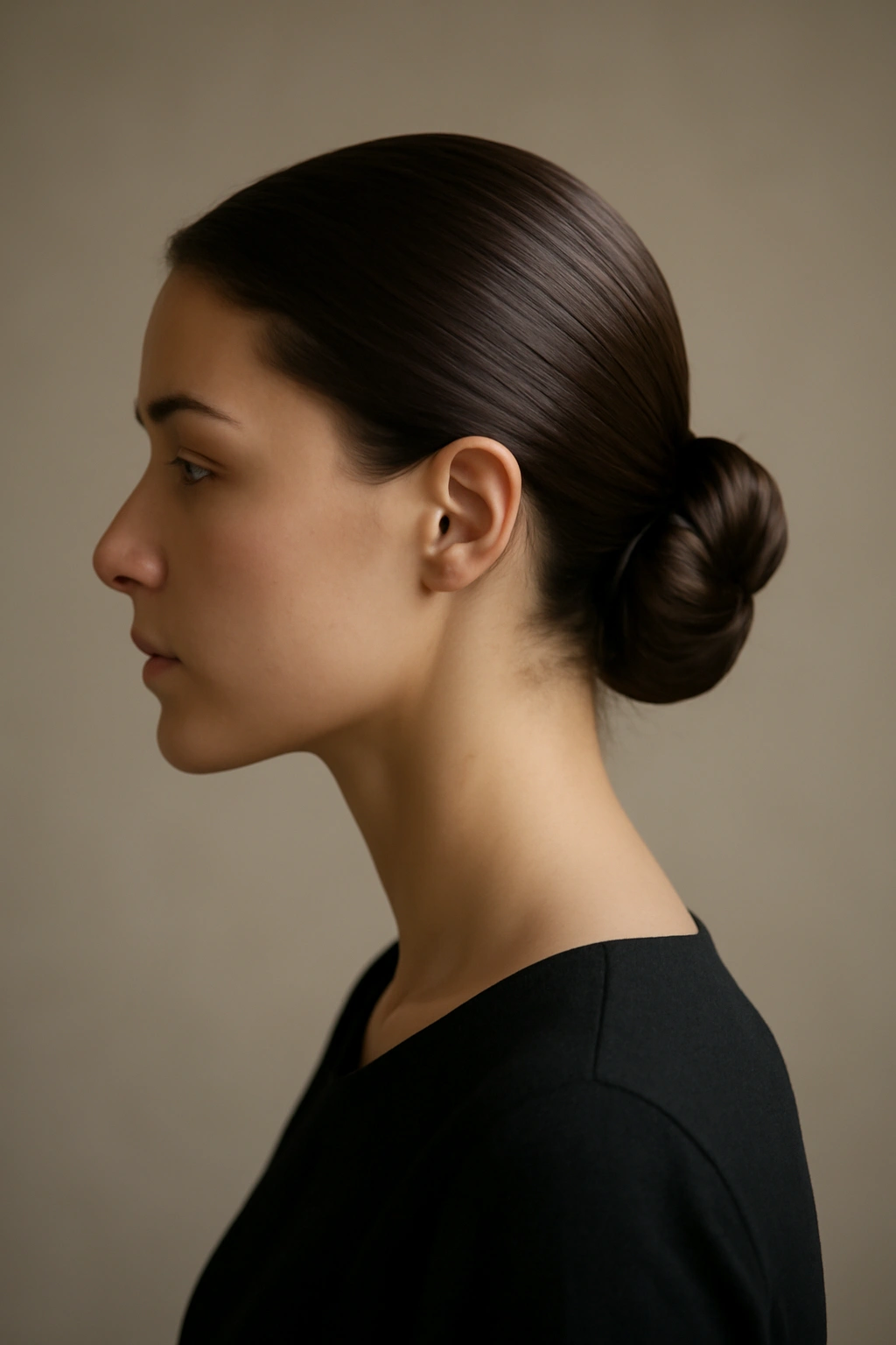 12 Classy Hairstyles That Work for Literally Any Occasion 13 Portrait of a person with a polished low bun hairstyle in a neutral studio setting, emphasizing sleek, versatile hair