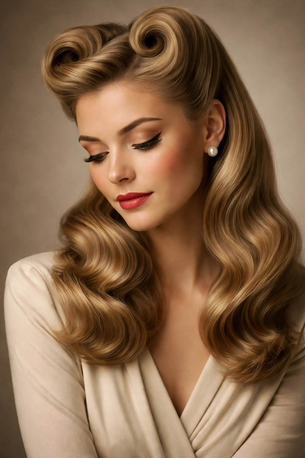 Close-up portrait of a woman with victory rolls hairstyle, contemplative expression