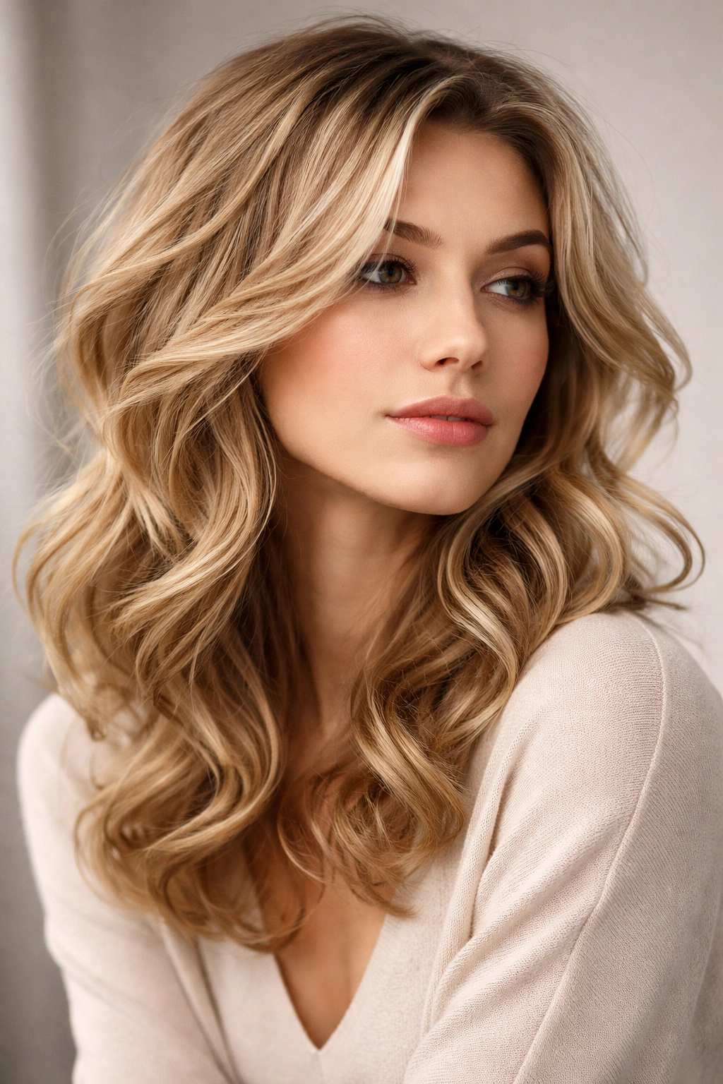 Close-up portrait of a person with soft, voluminous waves on fine hair in a studio