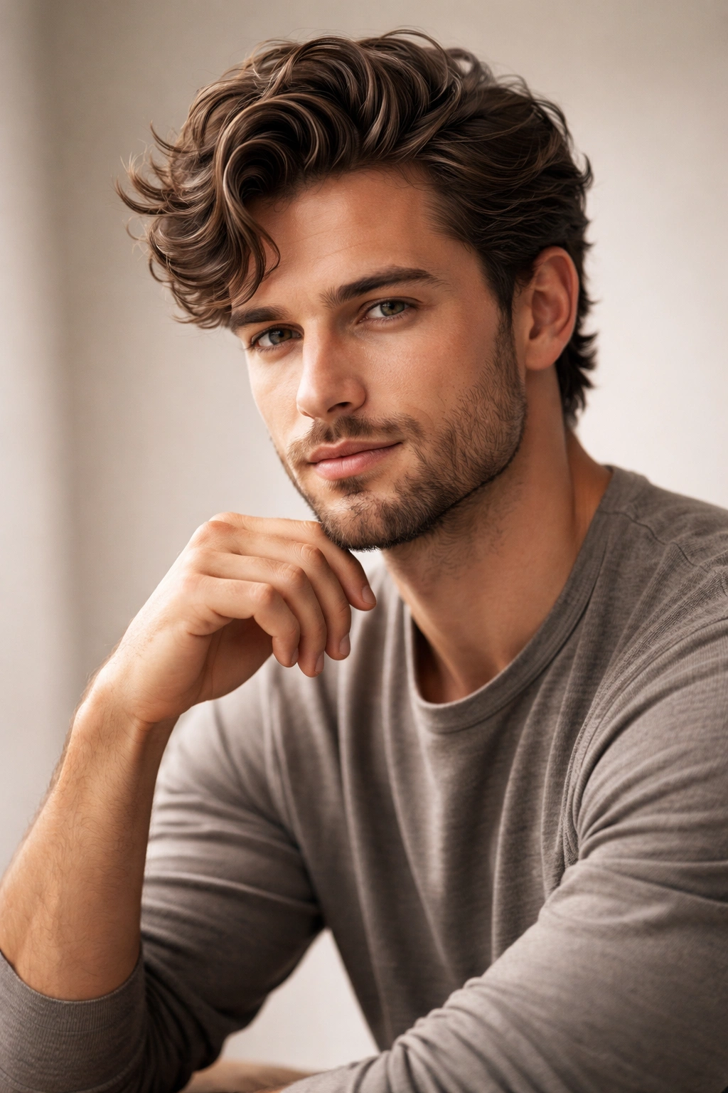 Portrait of a man with stylish wavy hair in a calm studio setting