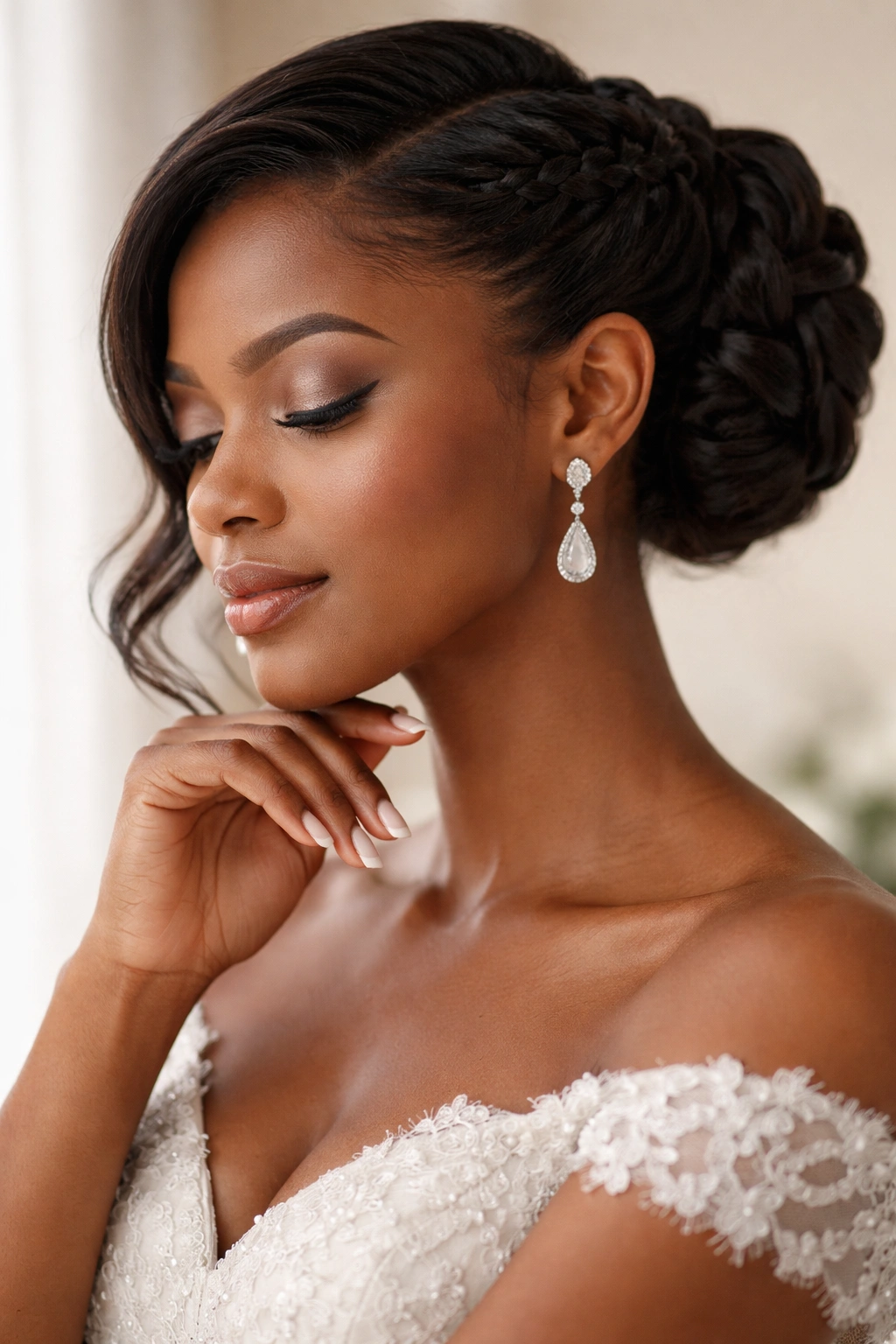 Portrait of a wedding guest with a refined hairstyle in a contemplative mood