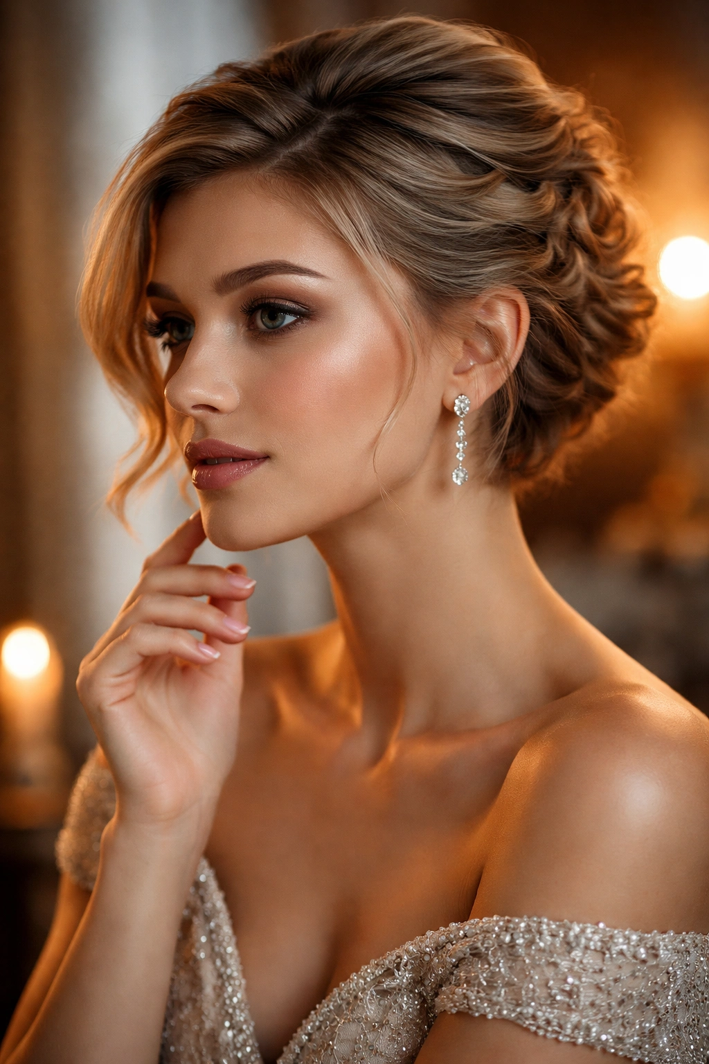 Contemplative portrait with polished prom hairstyle in warm light