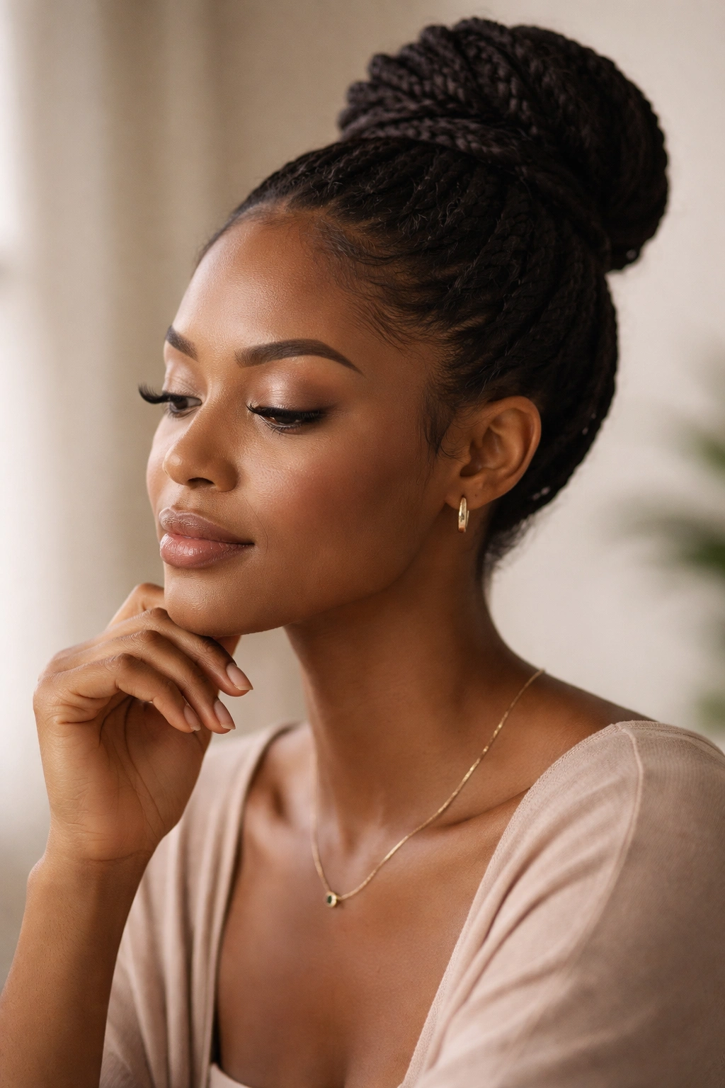 Contemplative portrait of model with protective updo in studio light