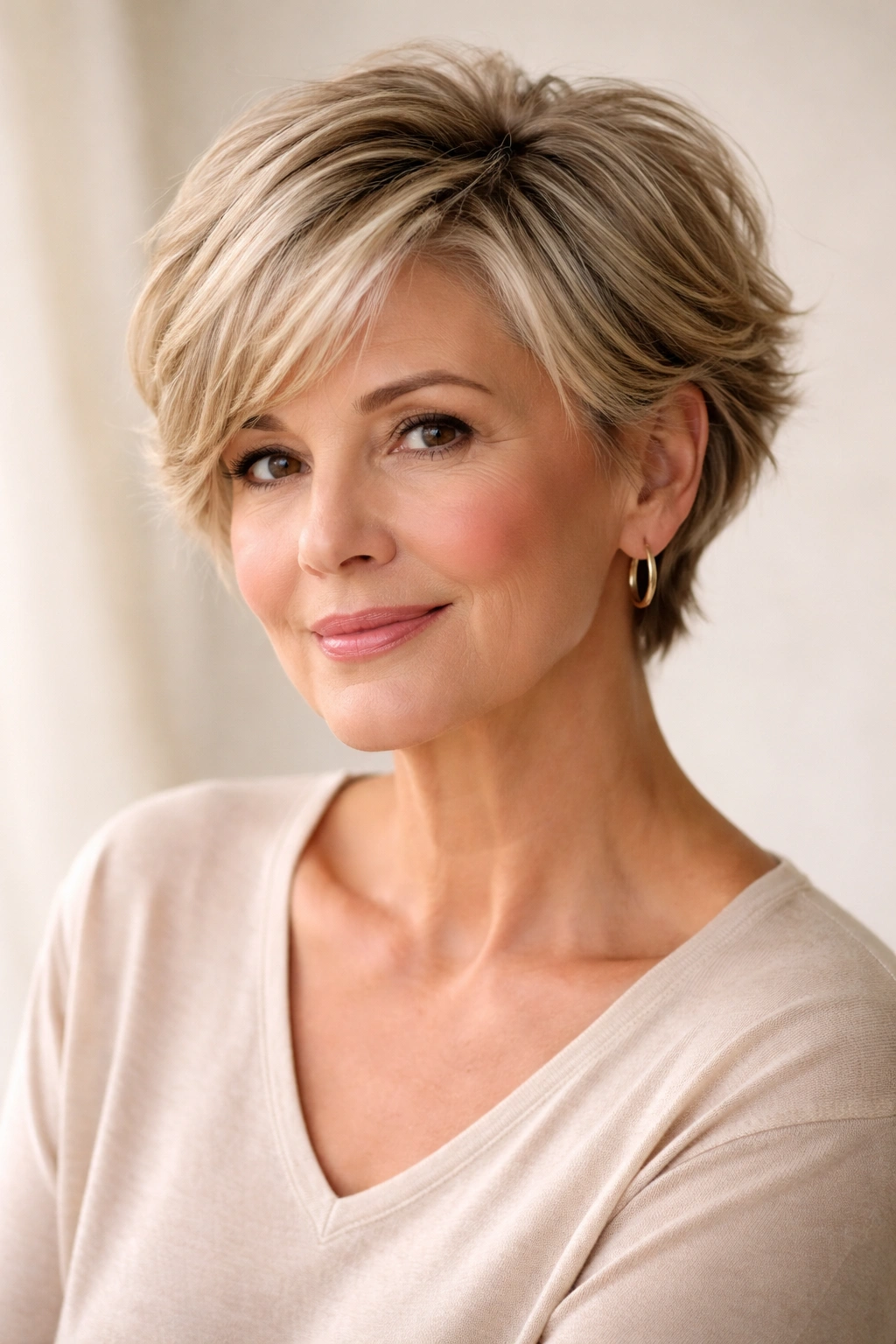 12 Short Hairstyles For Round Faces Over 50 20 Mature woman with flattering round-face short hairstyle in studio portrait